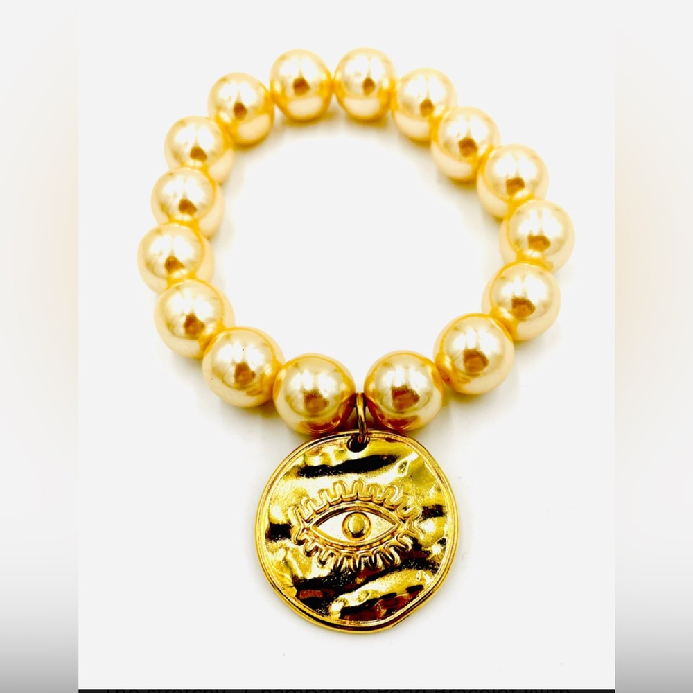 Evil Eye Champagne Beads Stretch Bracelet